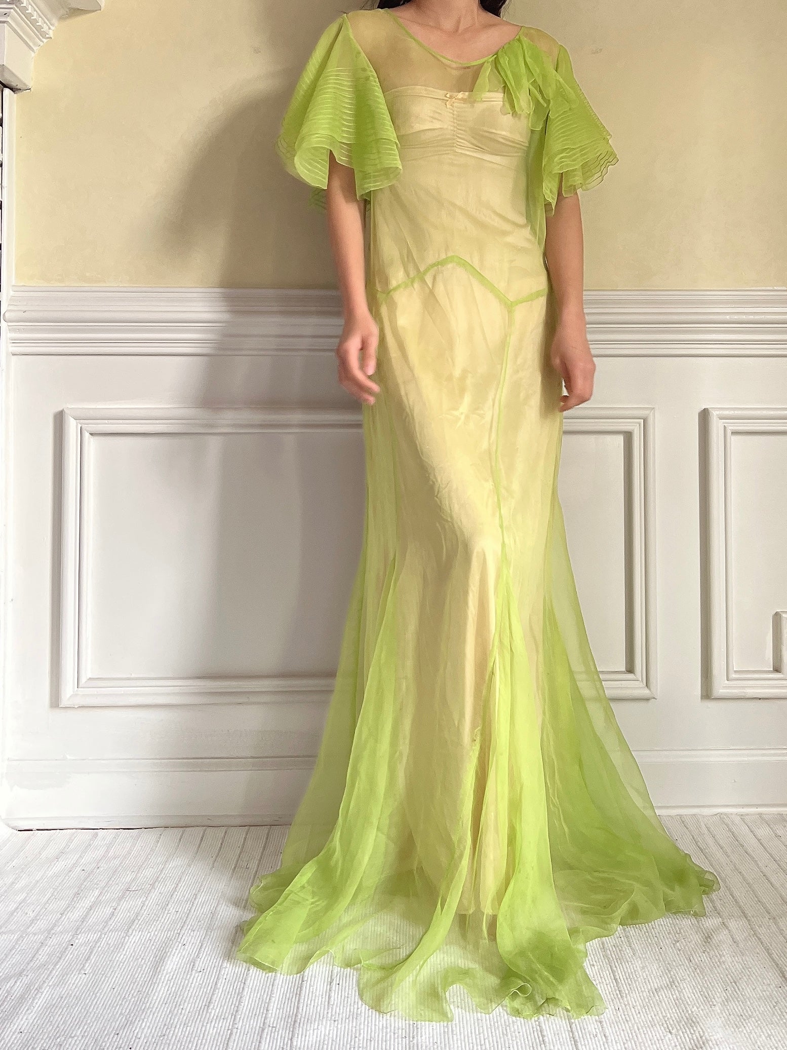 1930s Silk Chiffon Flutter Sleeve Dress - M