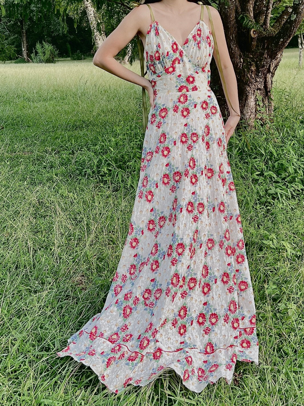 1930s Textured Organdy Floral Gown  - S