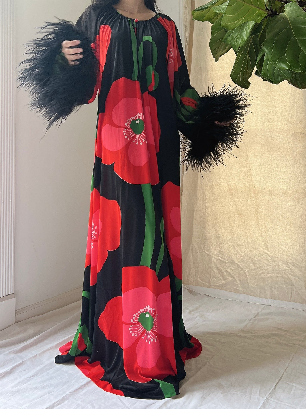 1960s Feather Nylon Poppy Caftan - OSFM
