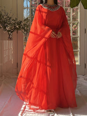 1960s Coral Red Chiffon Kaftan Dress - L