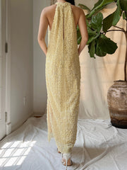 1960s Butter Yellow Beaded Tulle Dress - M