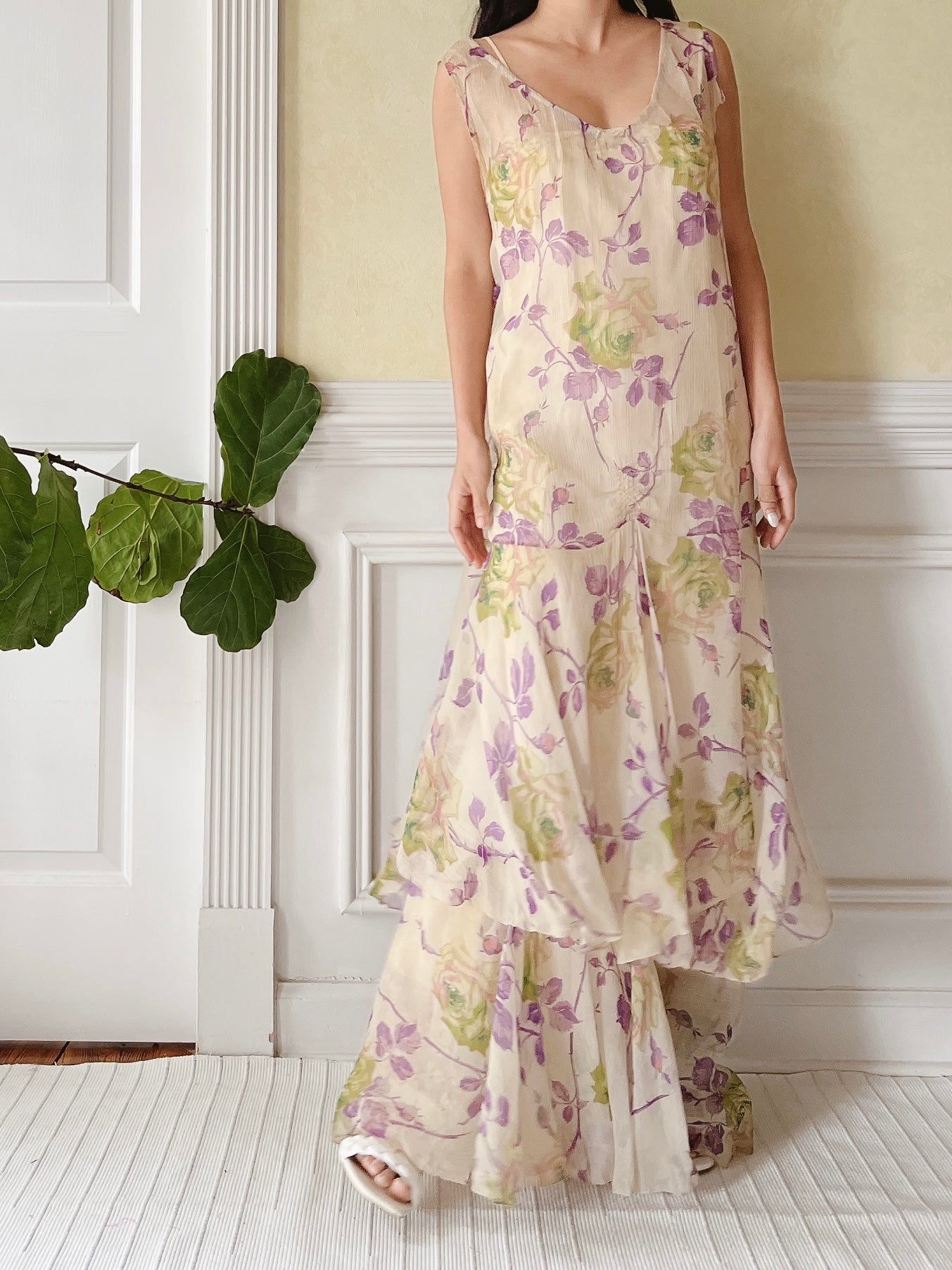 1930s Silk Floral Dress - M