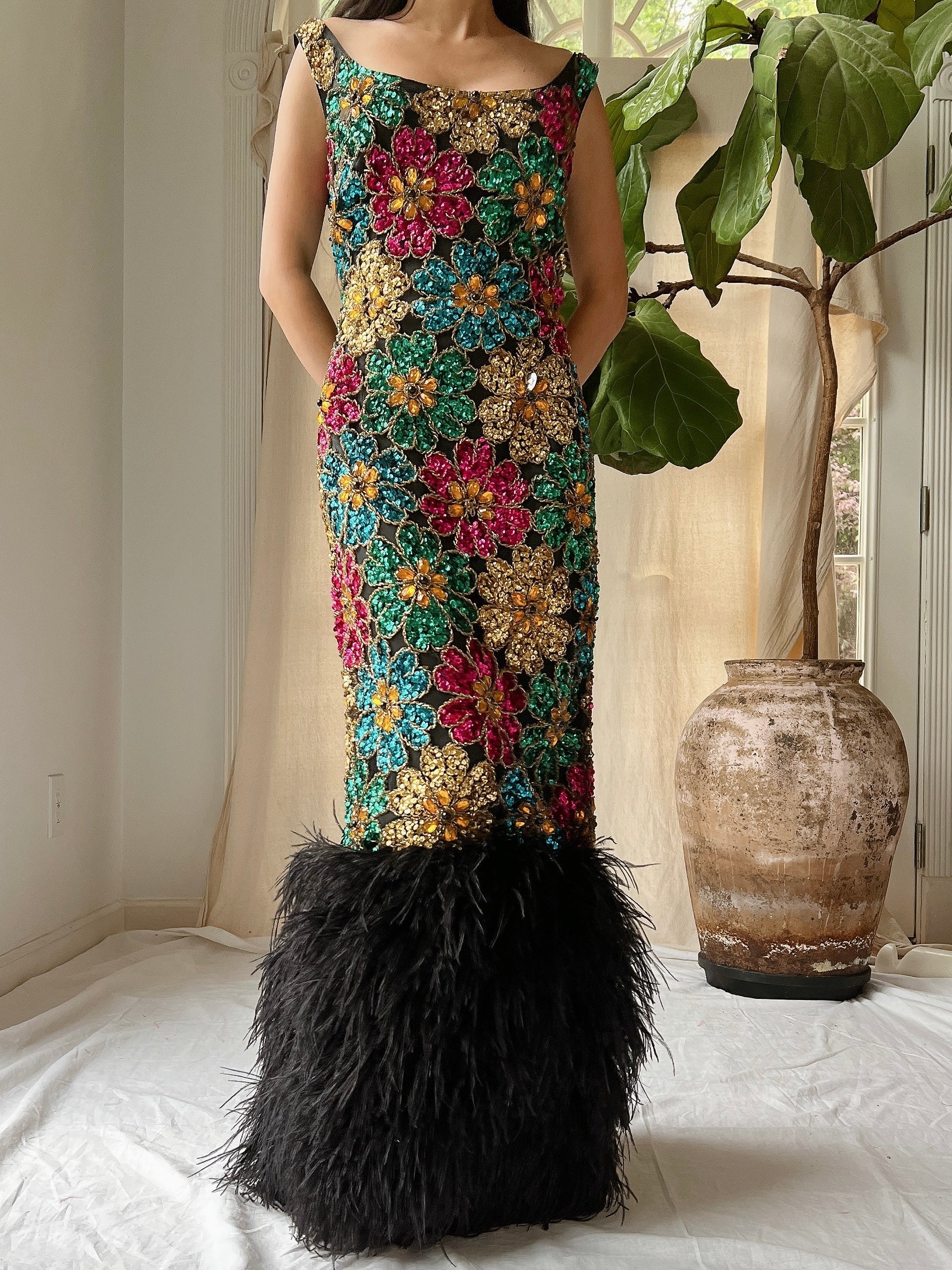 1960s Couture Feathered Gown - S/M