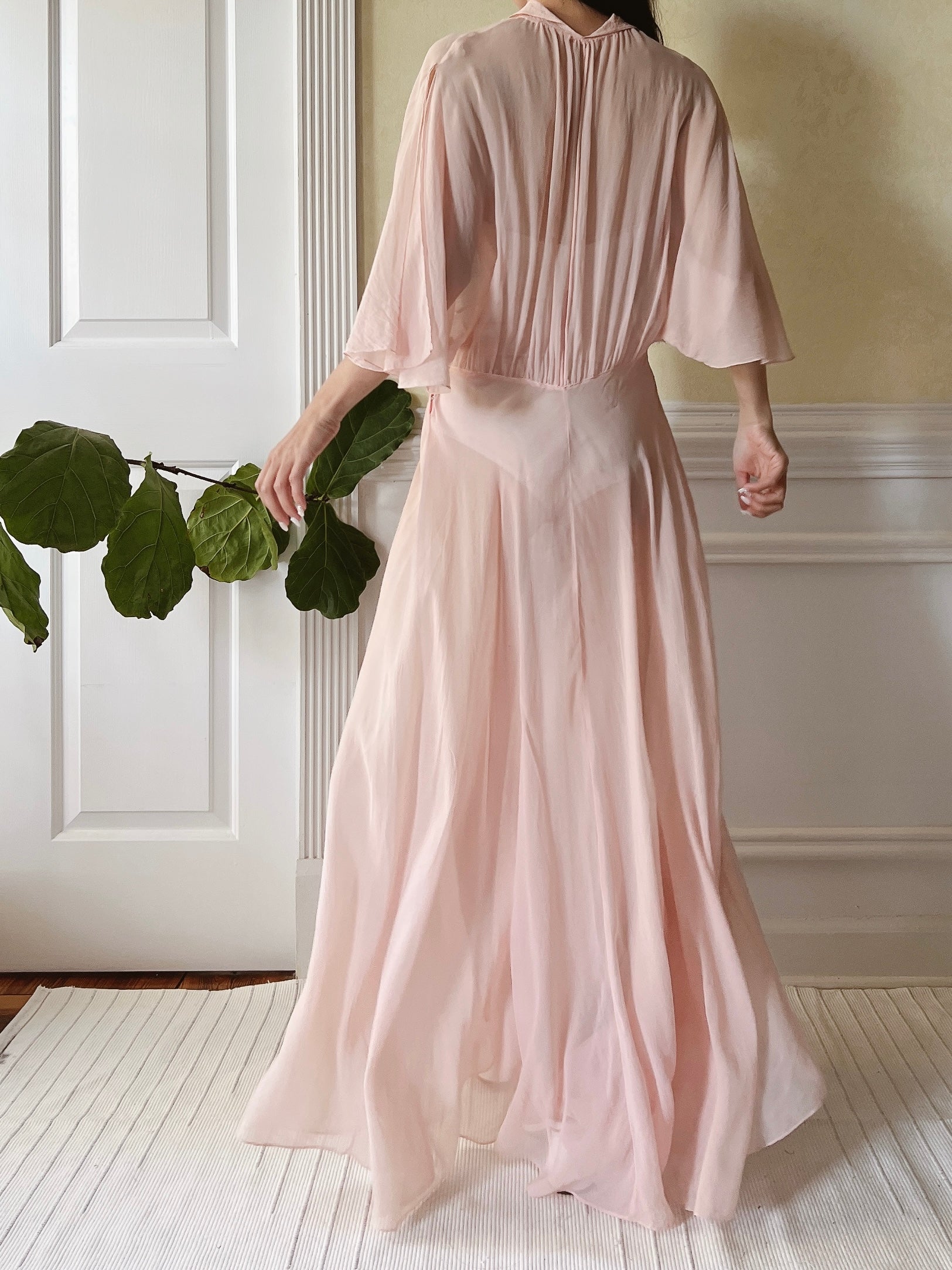 1930s Silk Chiffon Flutter Sleeve Dress - M