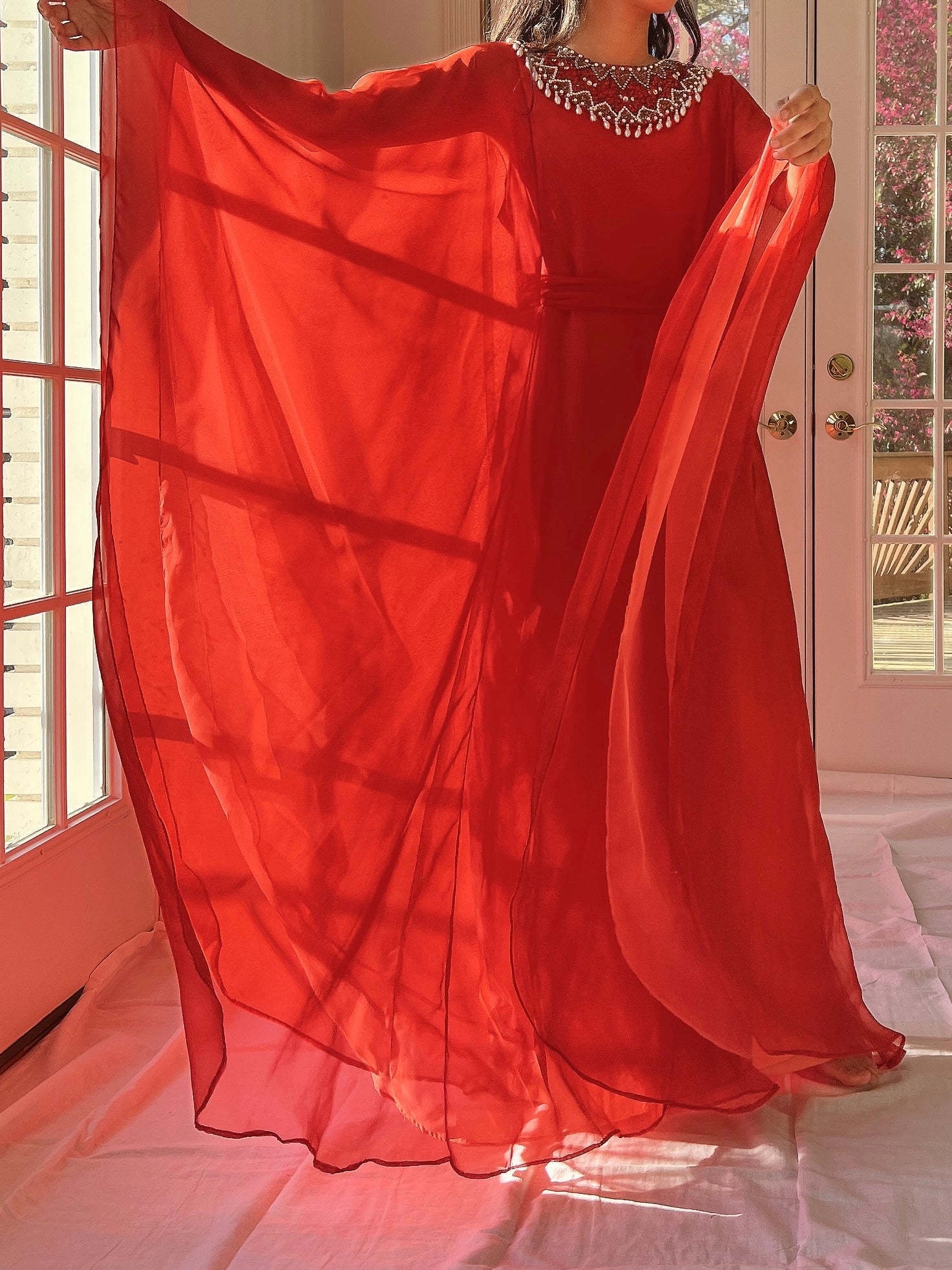1960s Coral Red Chiffon Kaftan Dress - L
