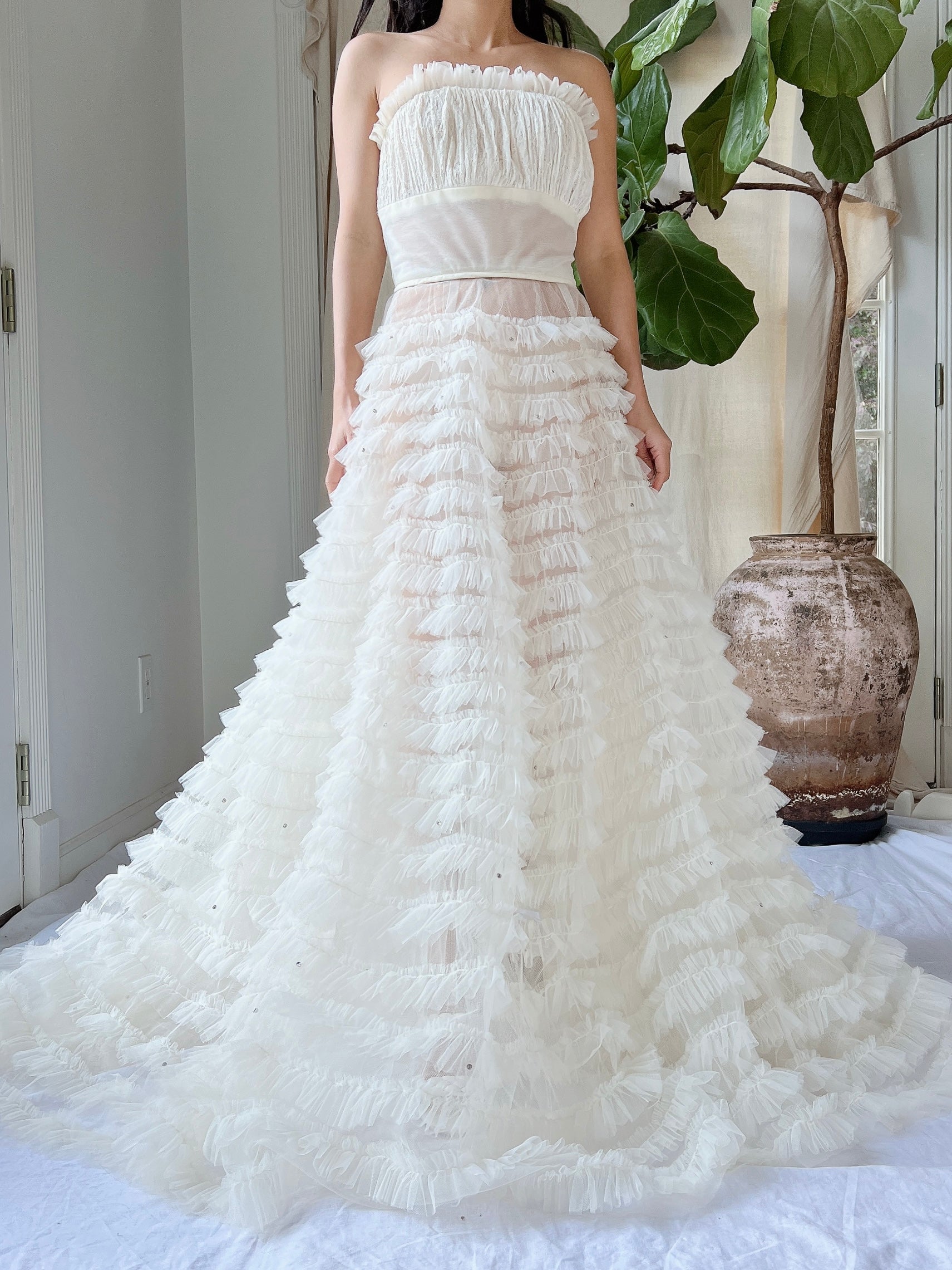 1950s Sheer Ruffle Ivory Dress - XS