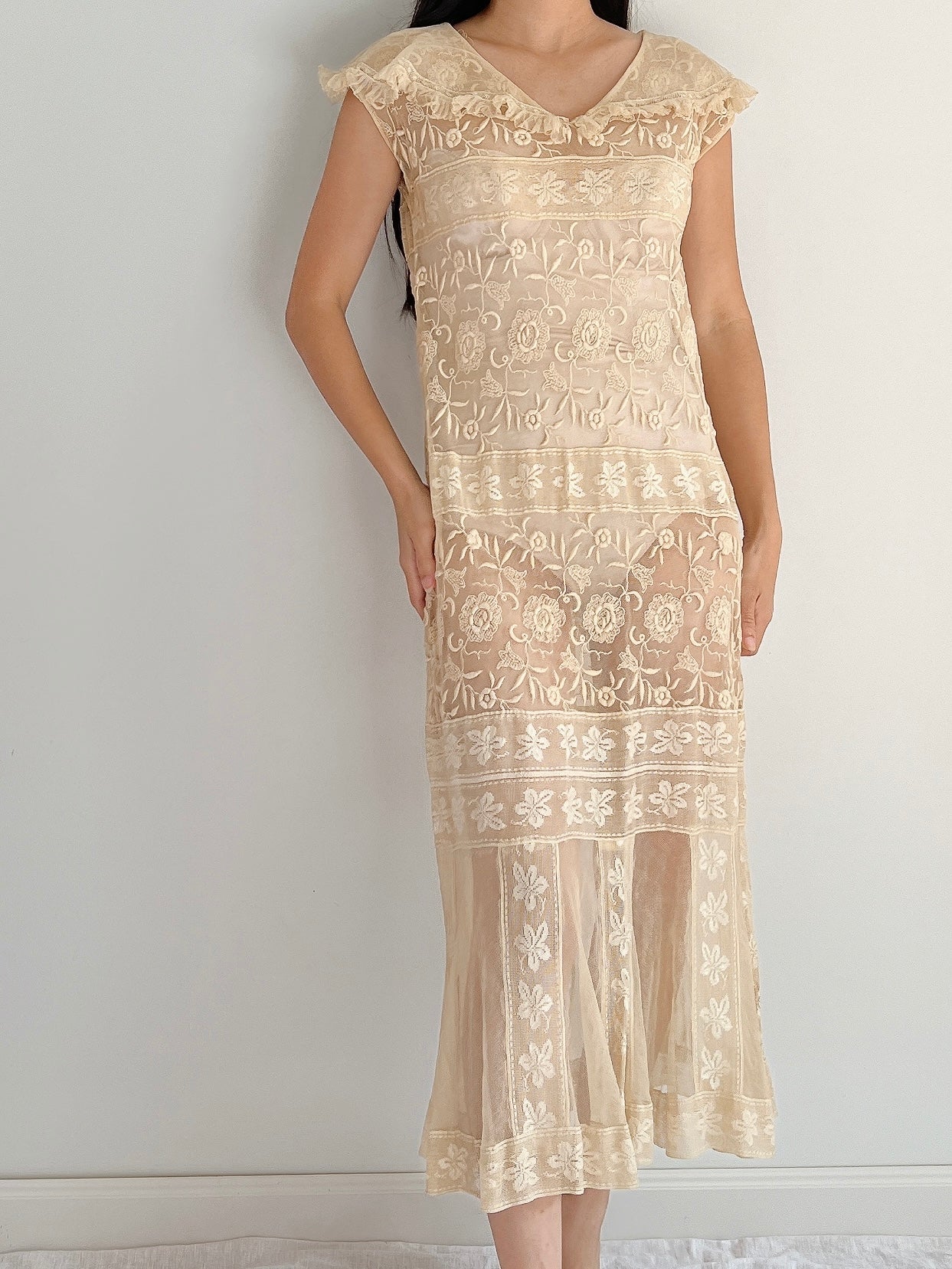 1920s Ecru Lace Dress - S