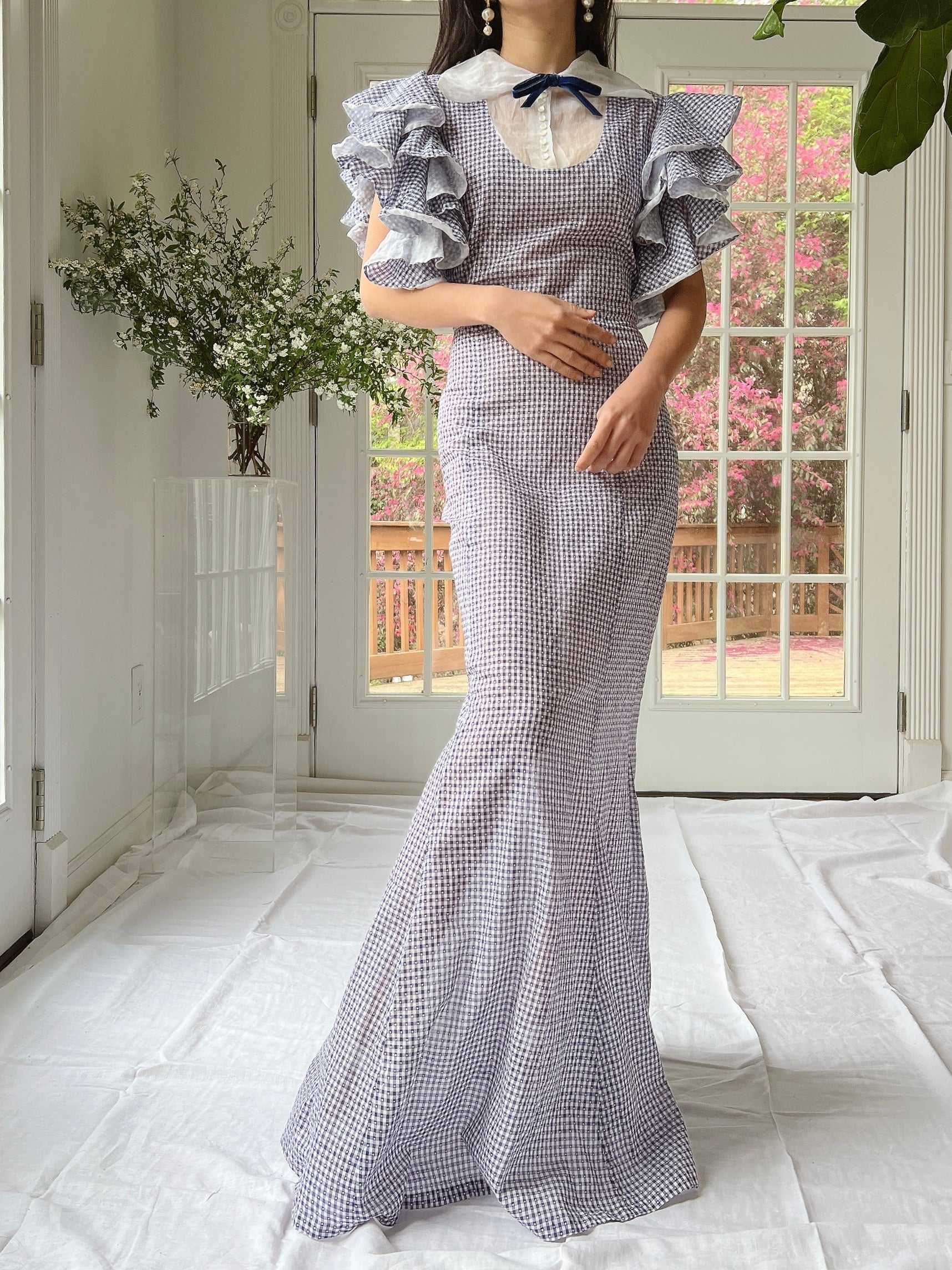 1930s Cotton and Organza Flutter Sleeve Gown - XS/S