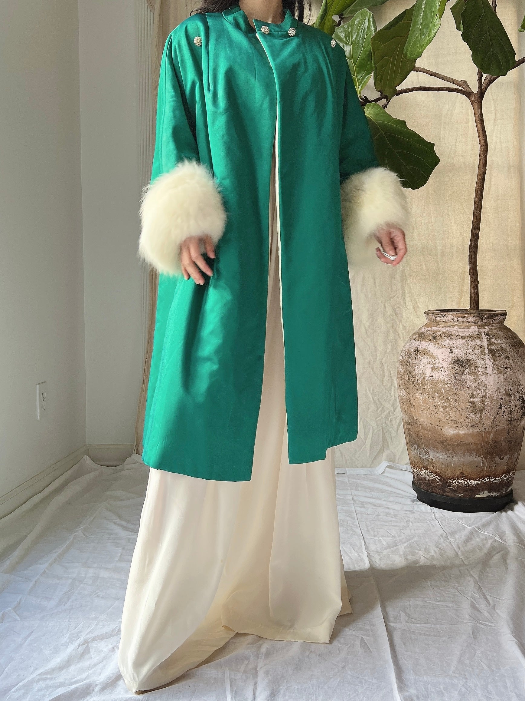 1960s Emerald Silk Satin Fox Cuff Coat - OSFM