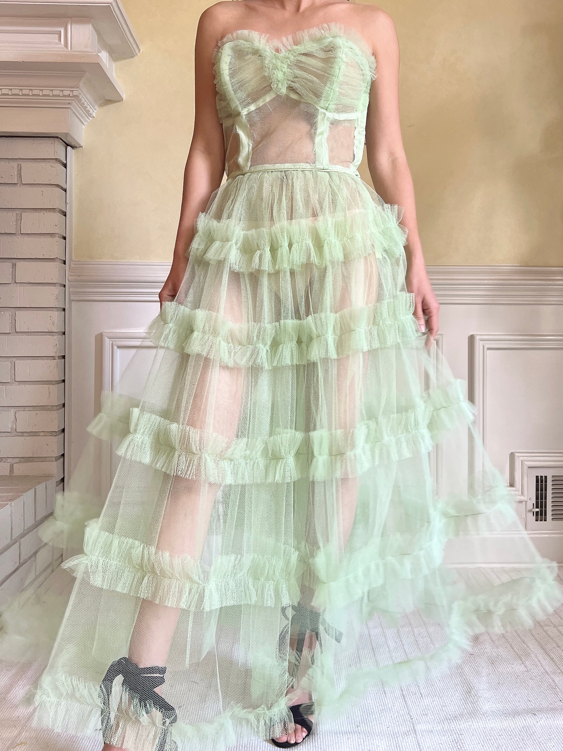1950s Citrus Green Sheer Tulle Dress - XS