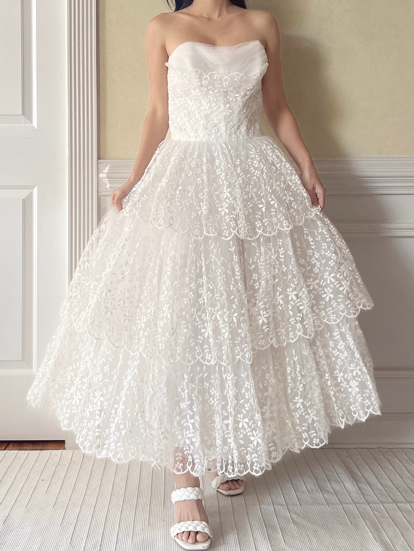 1950s Sweetheart Embroidered Lace Dress - XS