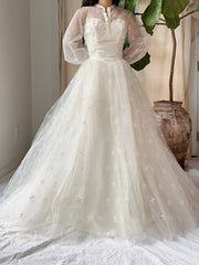 1950s Tulle Puff Sleeve Embroidered Dress - XS