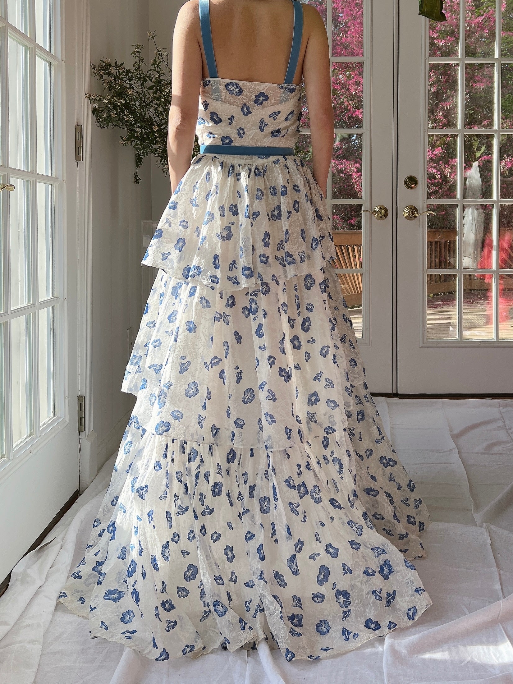 1940/50s Morning Glory Organdy Voile Sheer Gown - S
