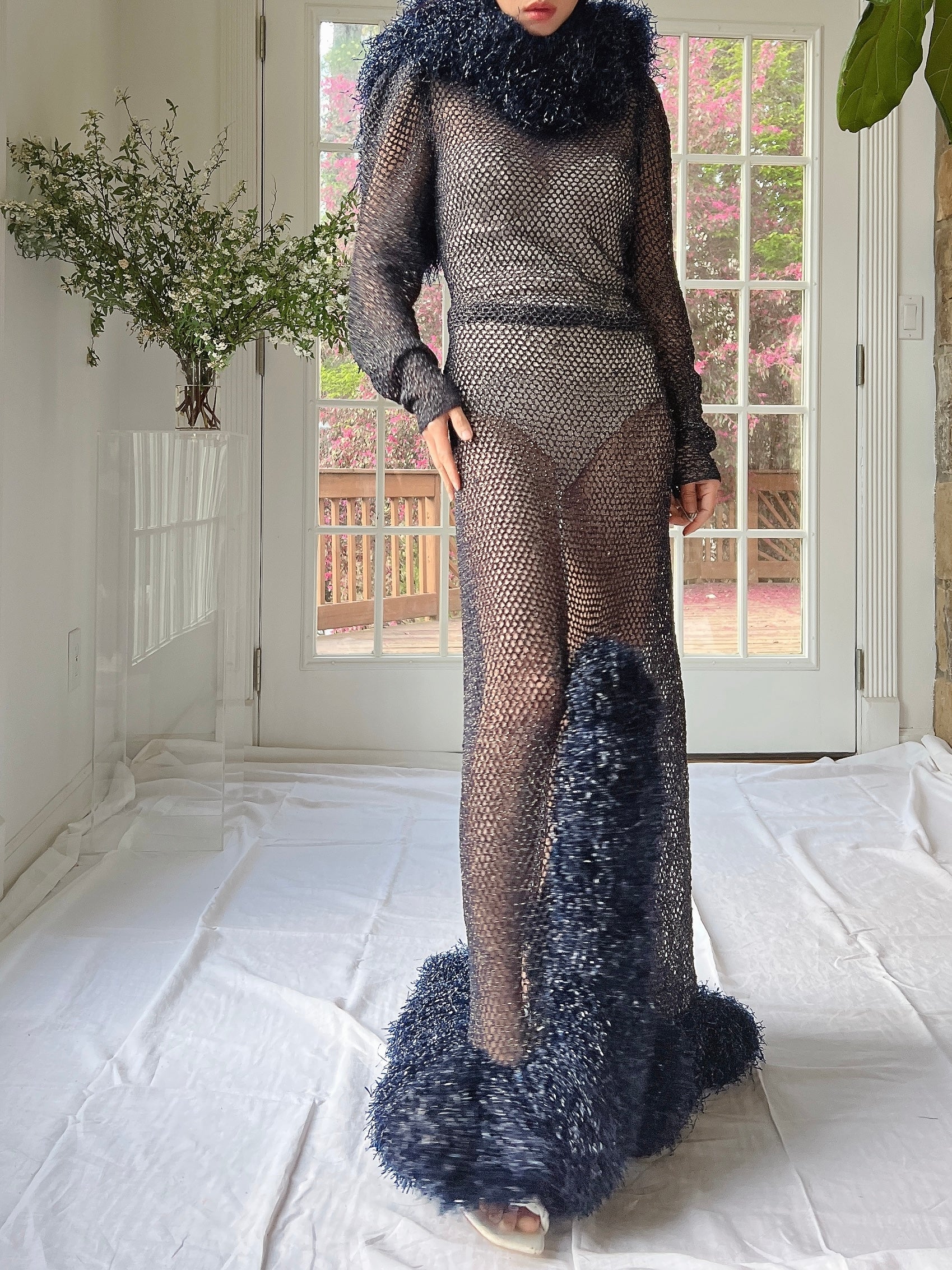 1930s Metallic Woven Navy Blue Gown - M