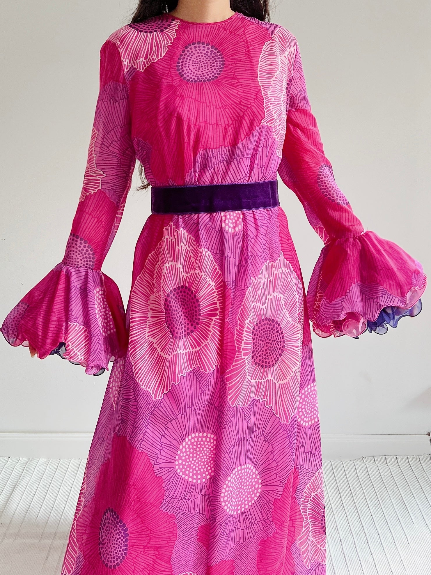 1960s Chiffon Floral Maxi Dress  - M