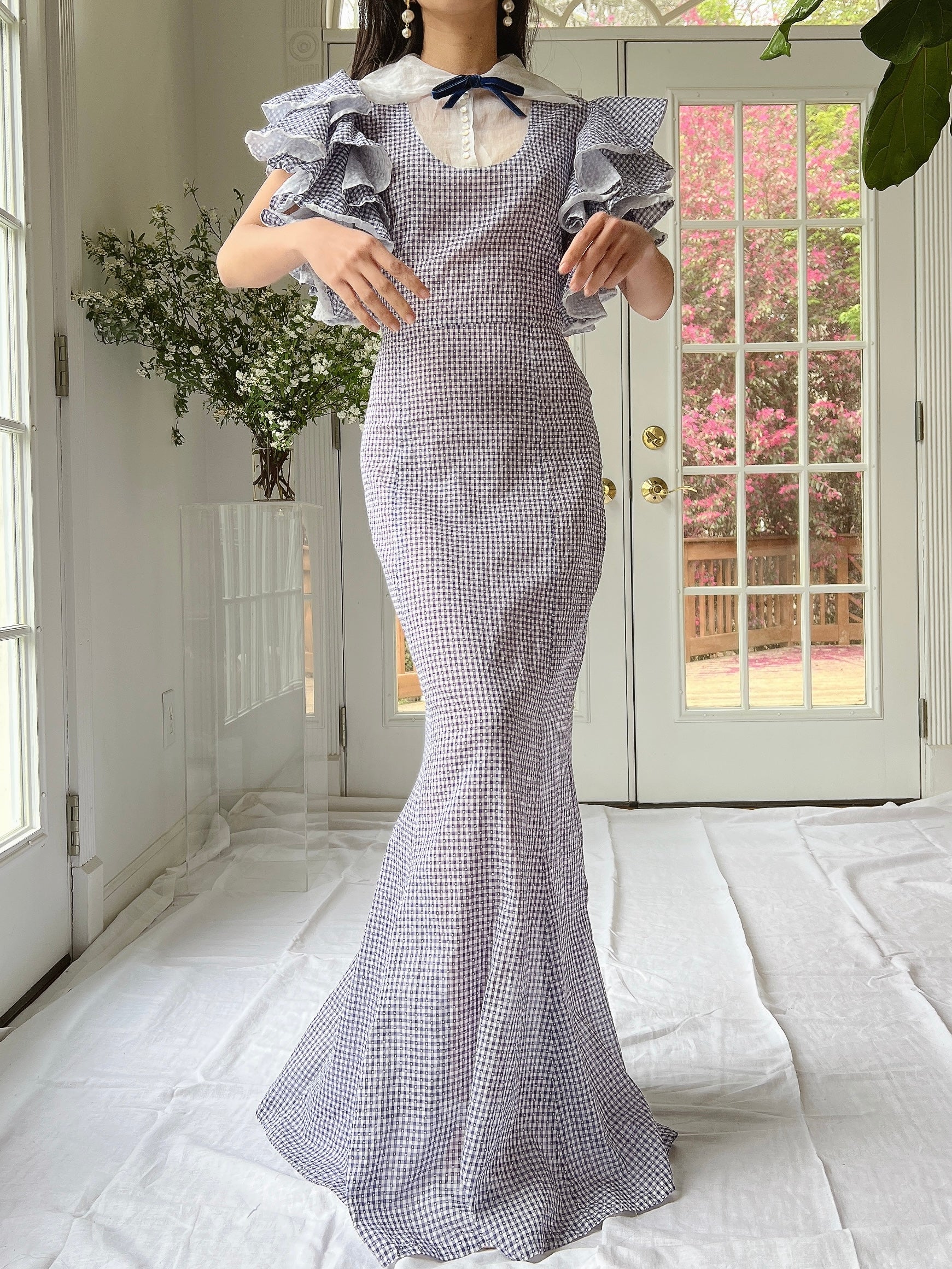 1930s Cotton and Organza Flutter Sleeve Gown - XS/S