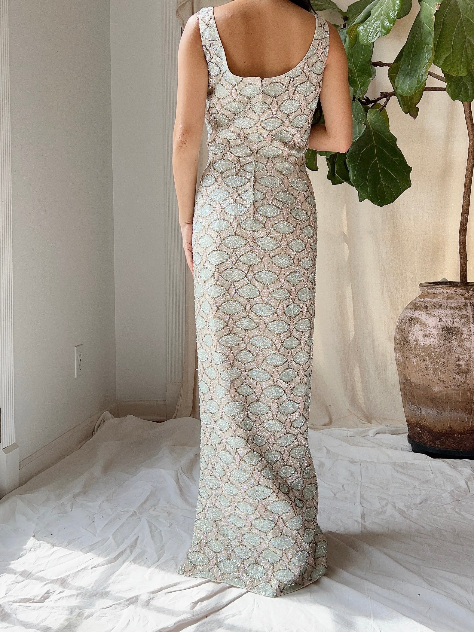 1960s Bruce Arnold Hand-Beaded Sequins Gown - M