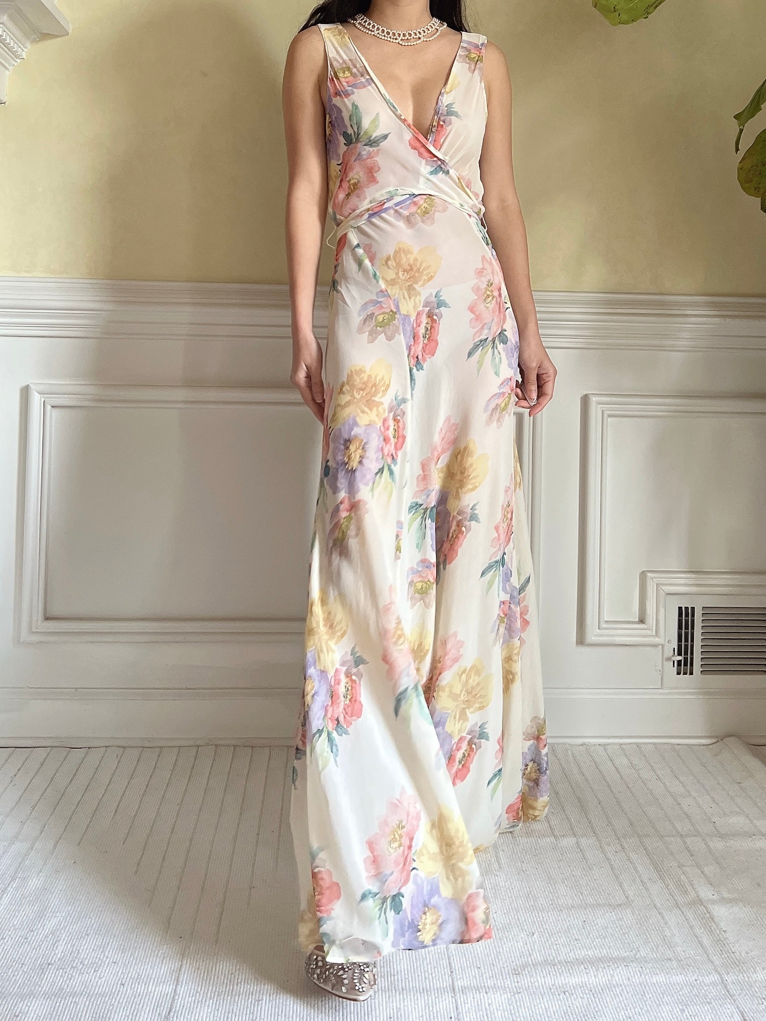 1930s Floral Rayon Chiffon Dress - S