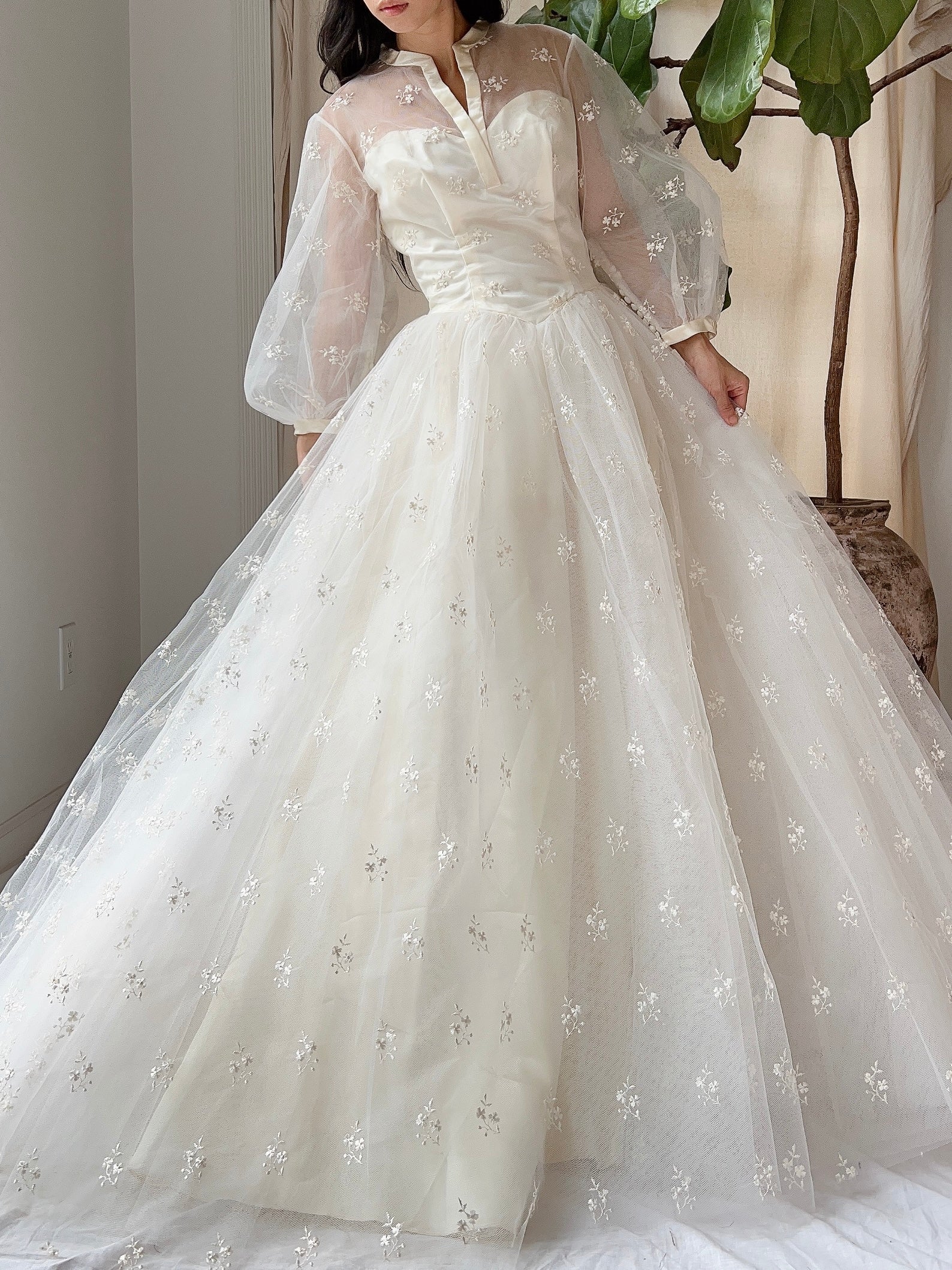 1950s Tulle Puff Sleeve Embroidered Dress - XS