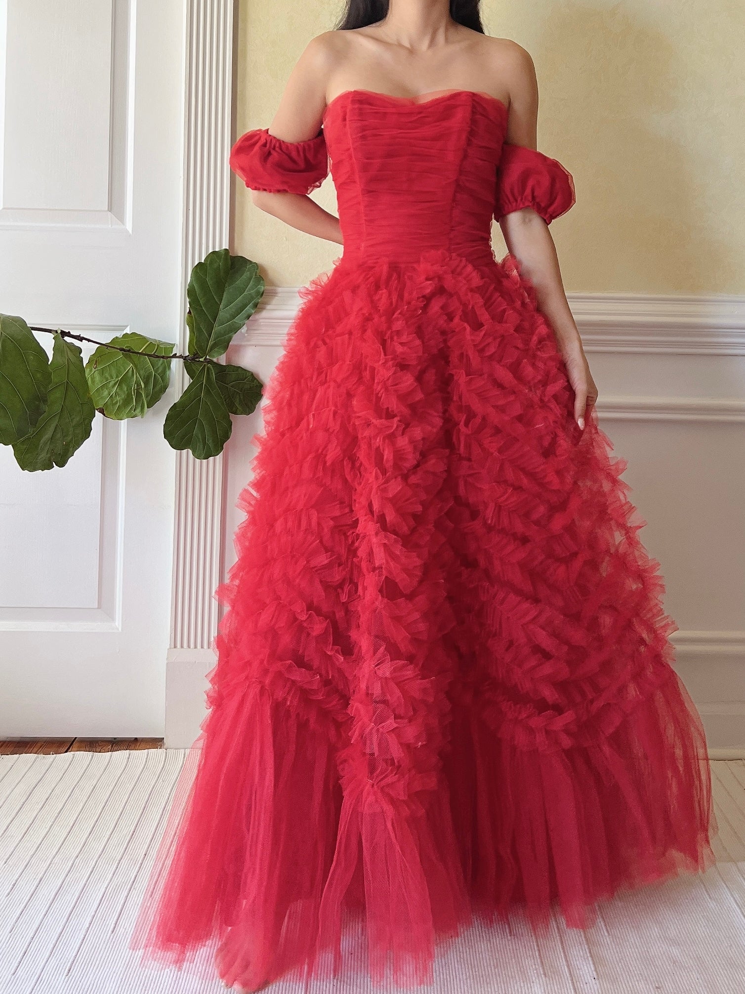 1950s Red Rulle Tulle Dress - S