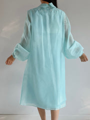 1960s 2-Piece Aqua Puff Sleeve Raw Silk and Organza Dress - M