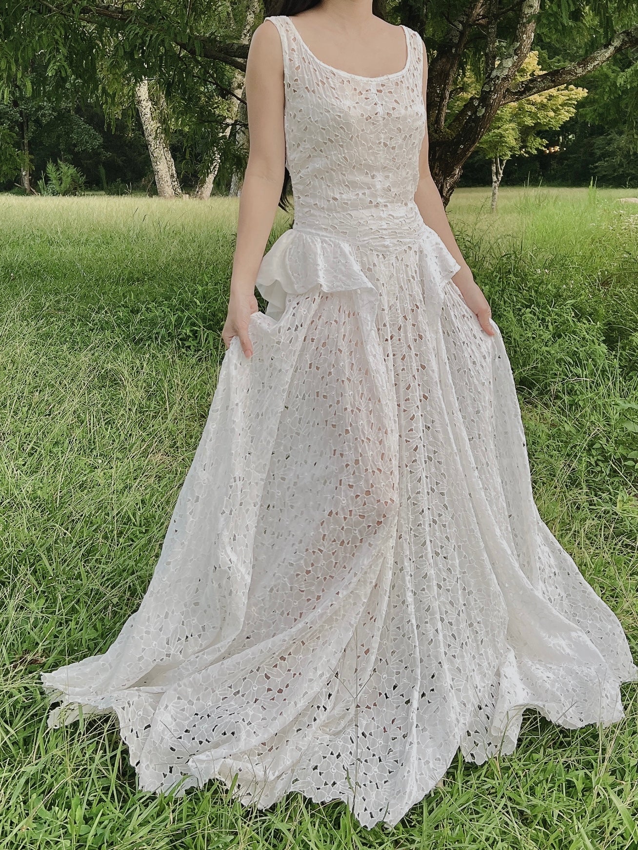 1930s Ivory Organdy Embroidered Cutout Gown - S