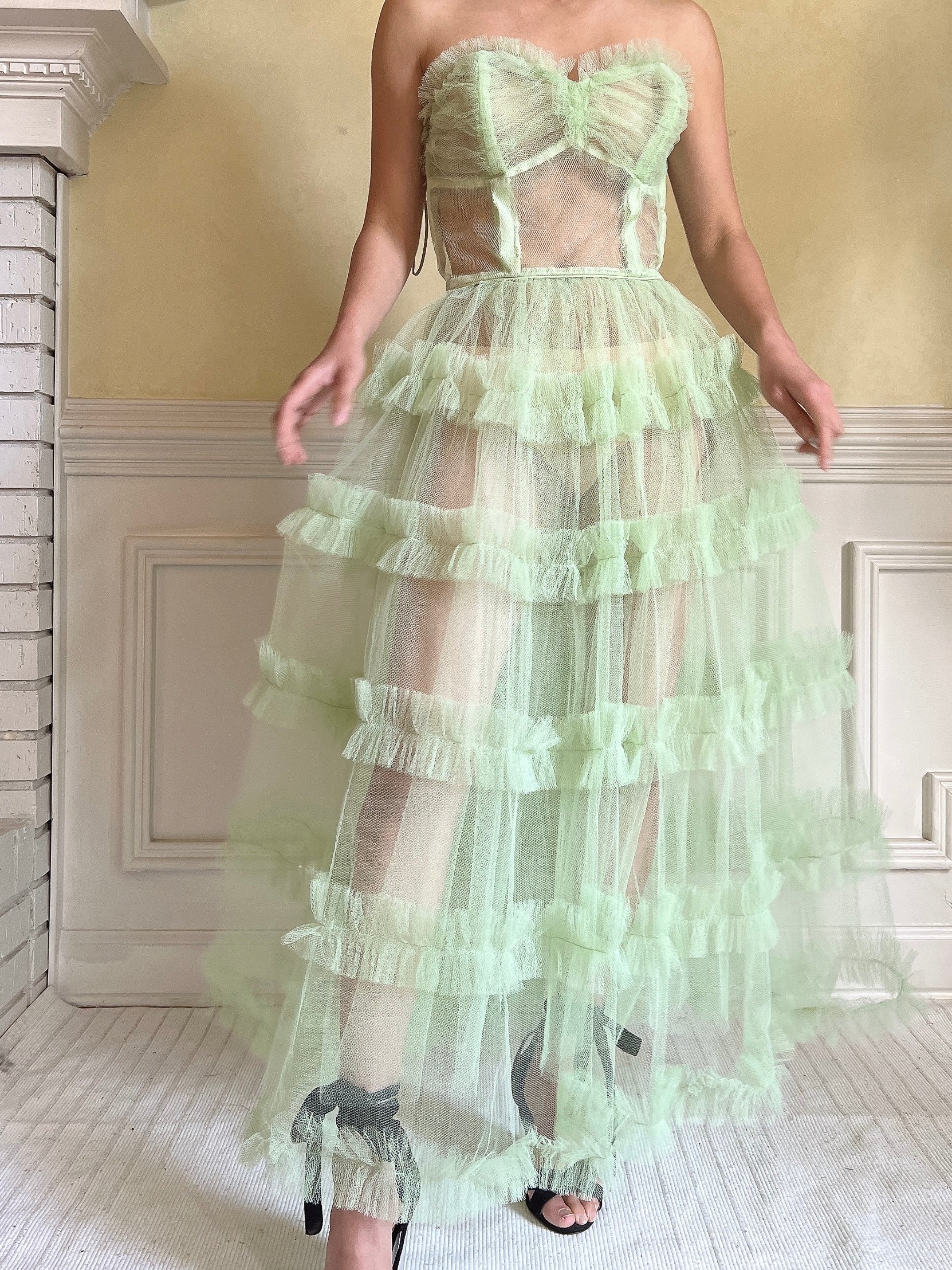 1950s Citrus Green Sheer Tulle Dress - XS