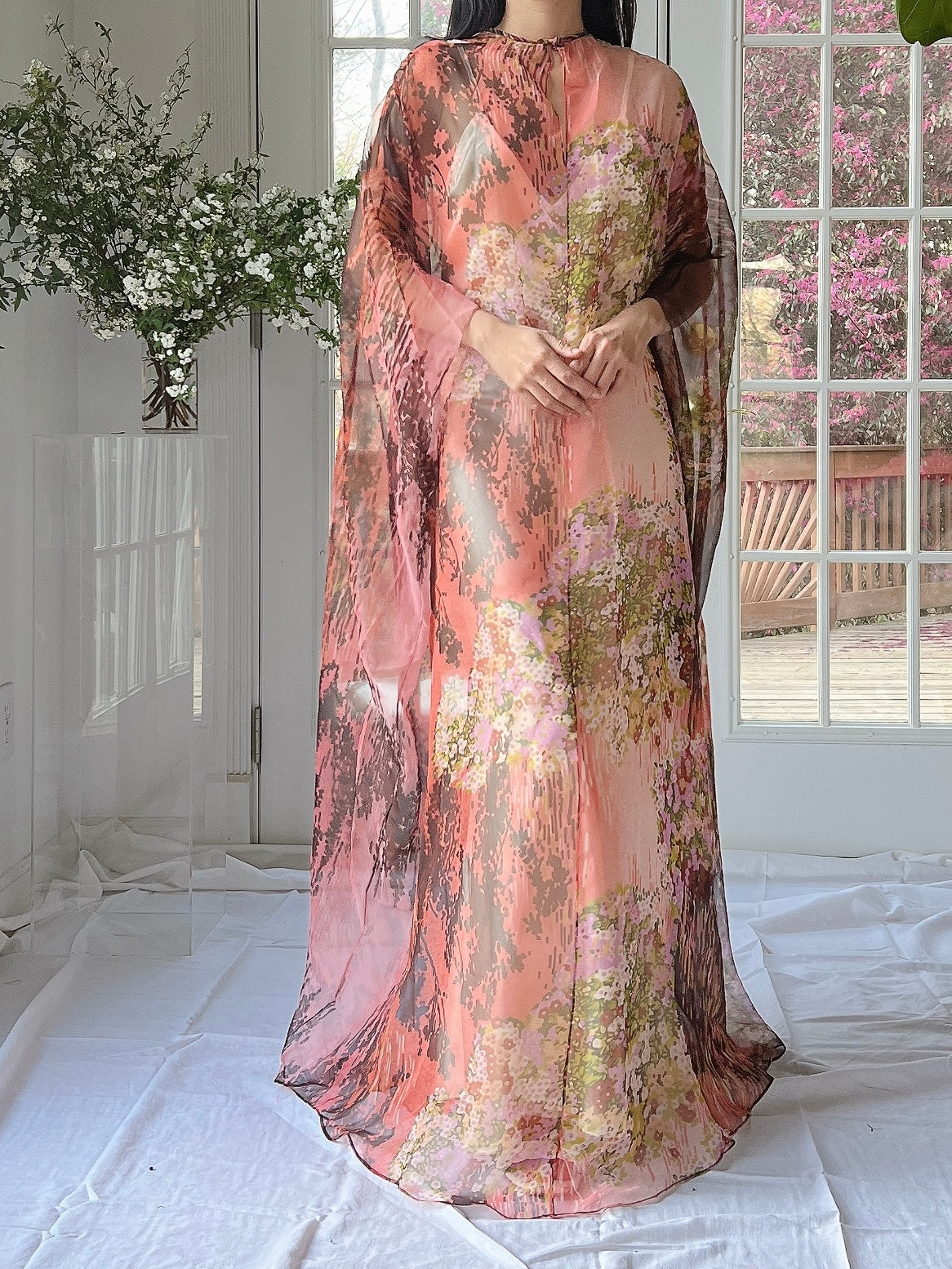 1960s Floral Chiffon Kaftan - OSFM