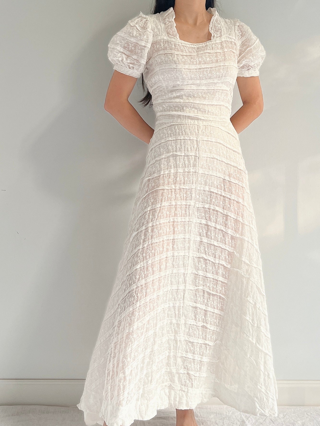 1940s Organdy Embroidered Dress - S