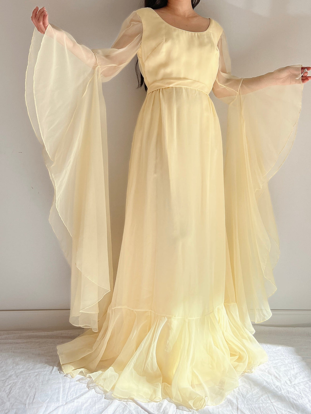 1960s Angel Sleeves Chiffon Gown - S