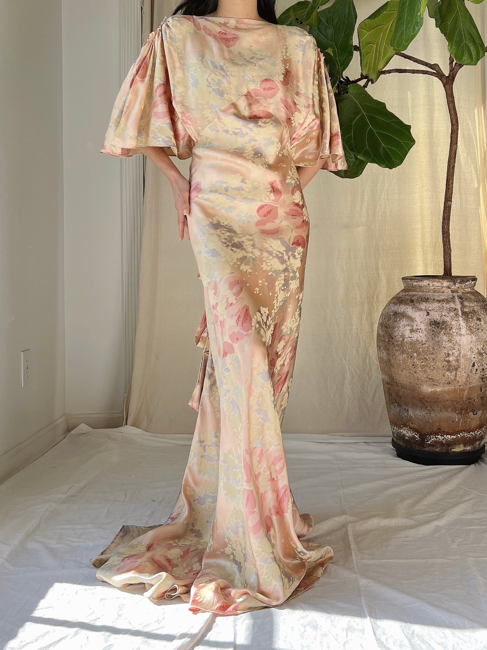 1930s Silk Floral Dress - M
