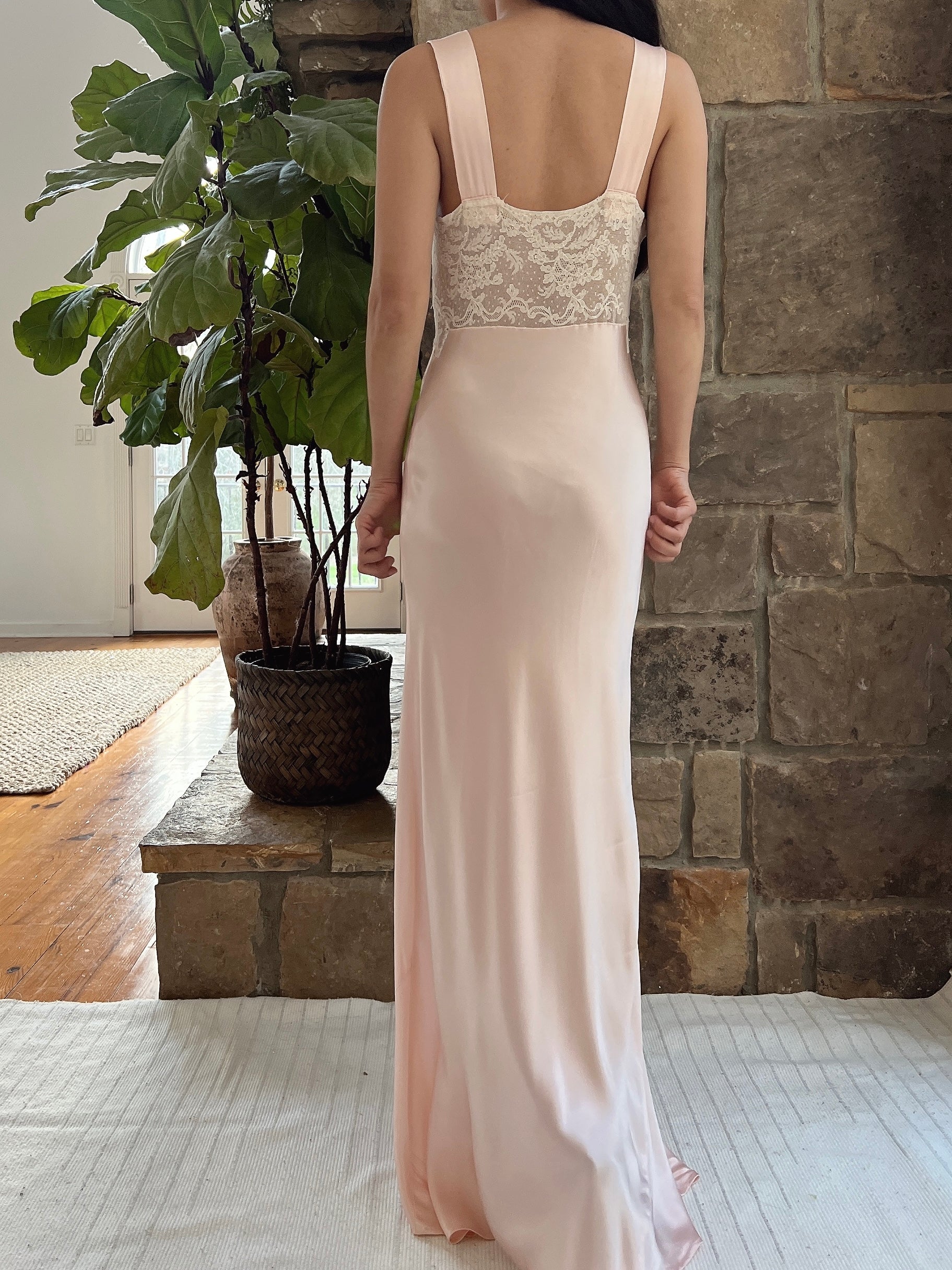 1930s Satin Keyhole Lace Bodice Gown - XS/S