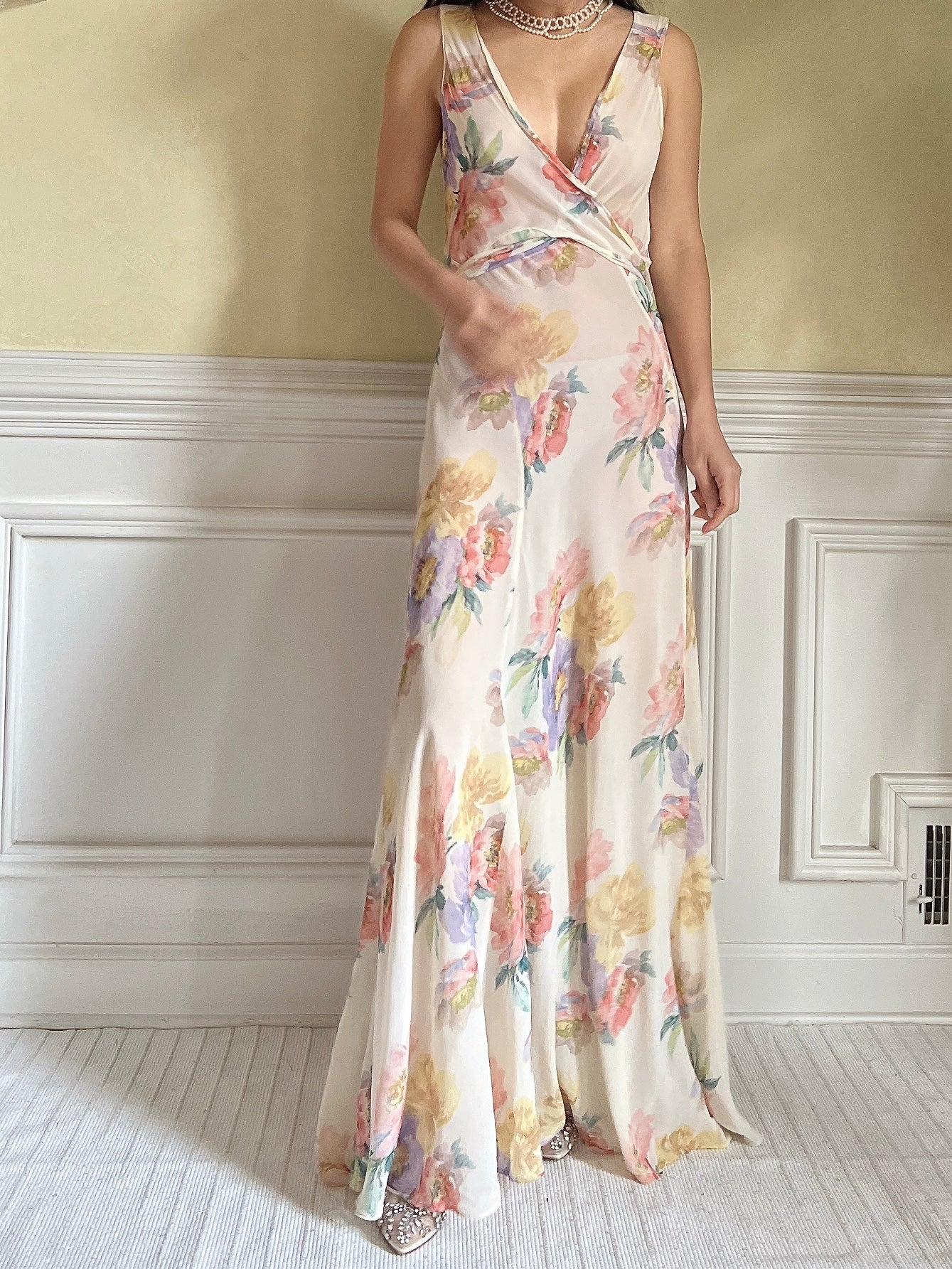 1930s Floral Rayon Chiffon Dress - S