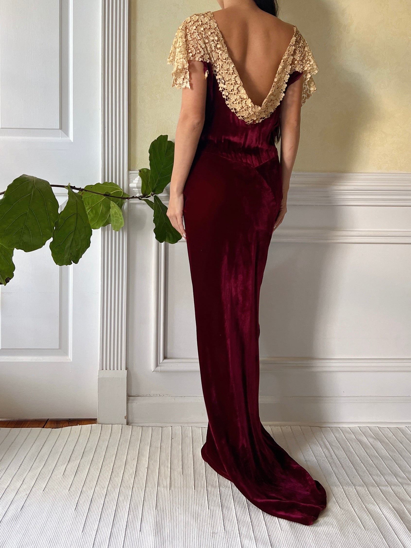 1930s Ruby Silk Velvet Gown - S/M