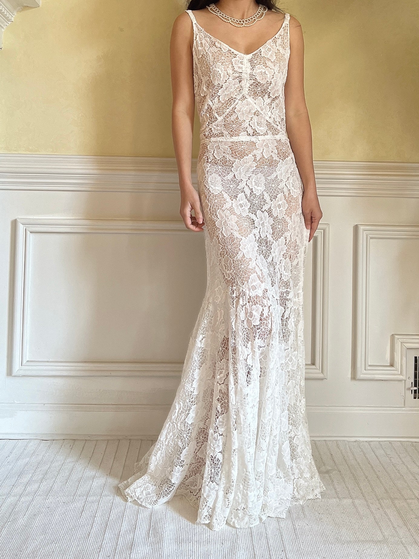 1930s Ivory Spider Lace Gown - S