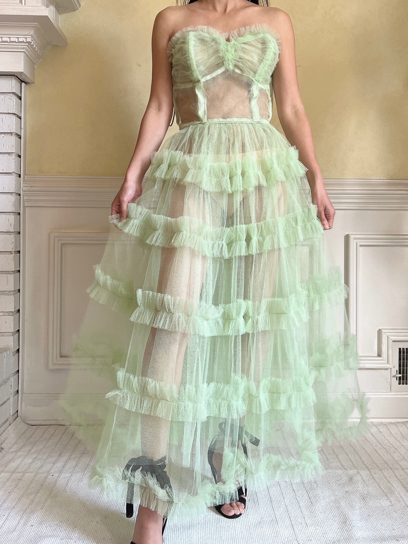 1950s Citrus Green Sheer Tulle Dress - XS