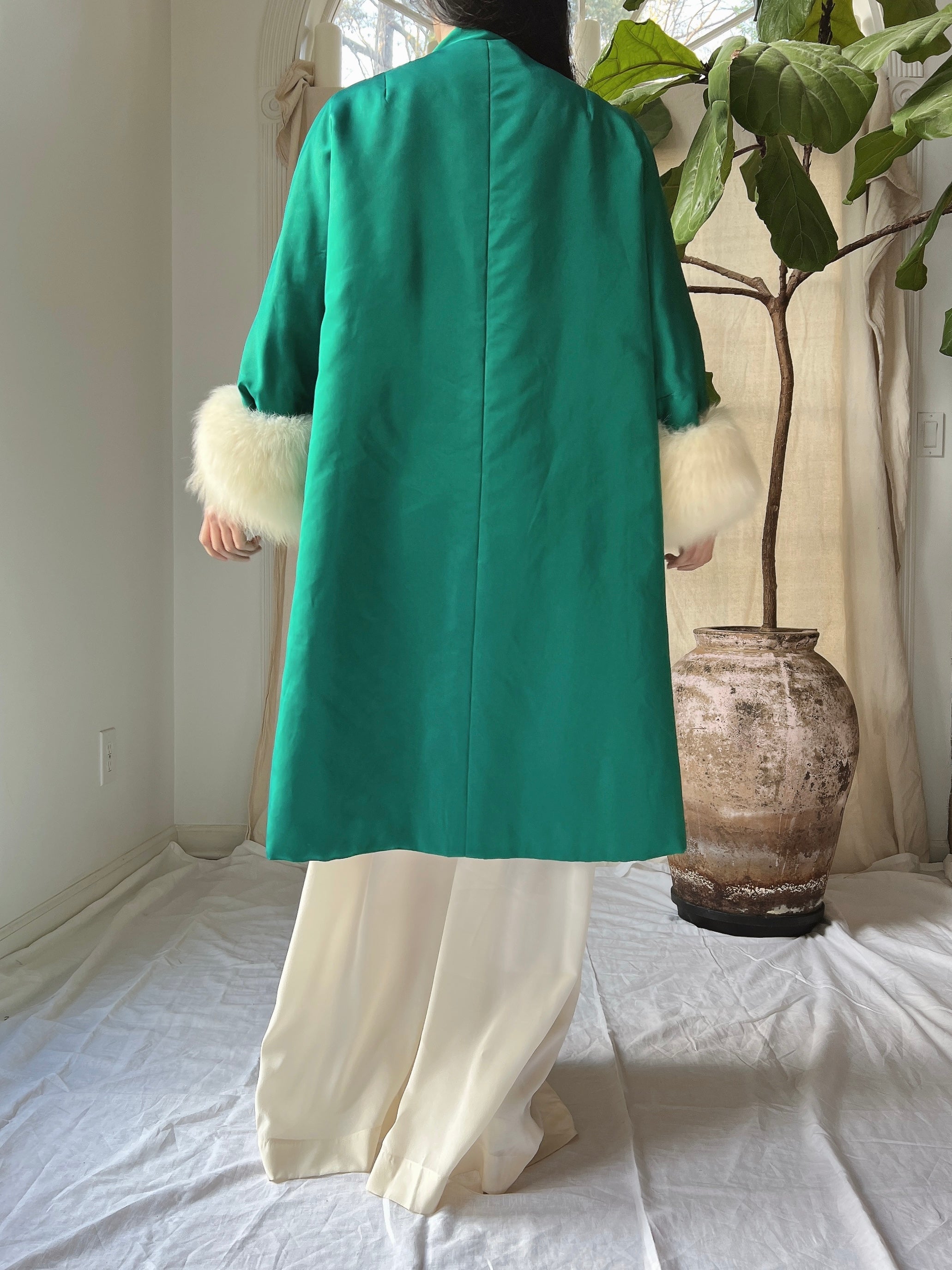 1960s Emerald Silk Satin Fox Cuff Coat - OSFM
