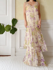 1930s Silk Floral Dress - M