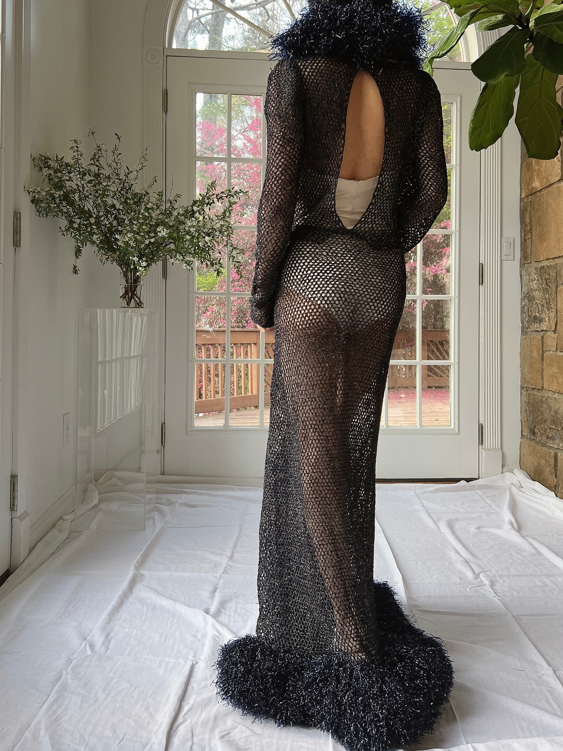 1930s Metallic Woven Navy Blue Gown - M