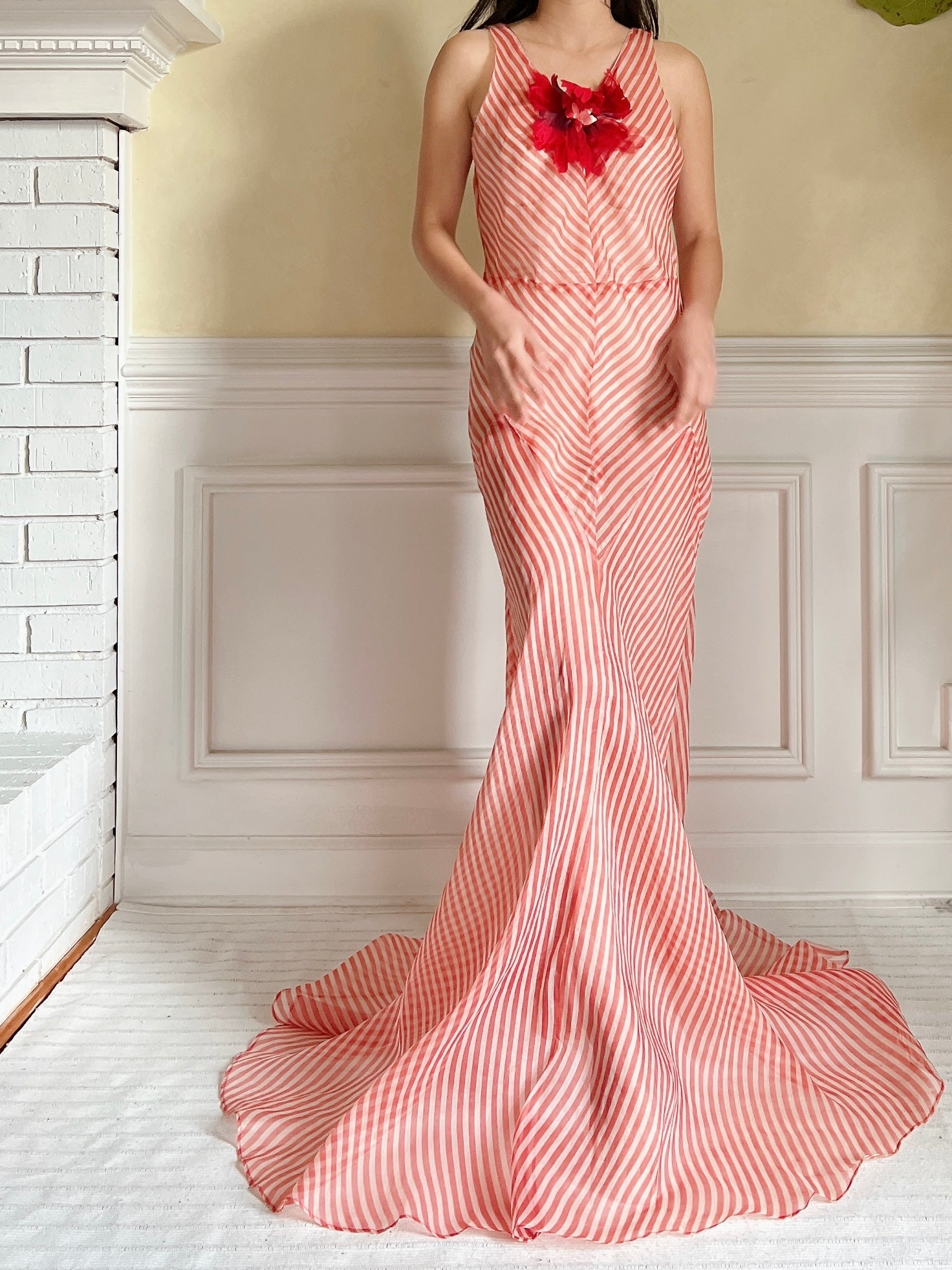 1930s Striped Silk Organza Gown - S