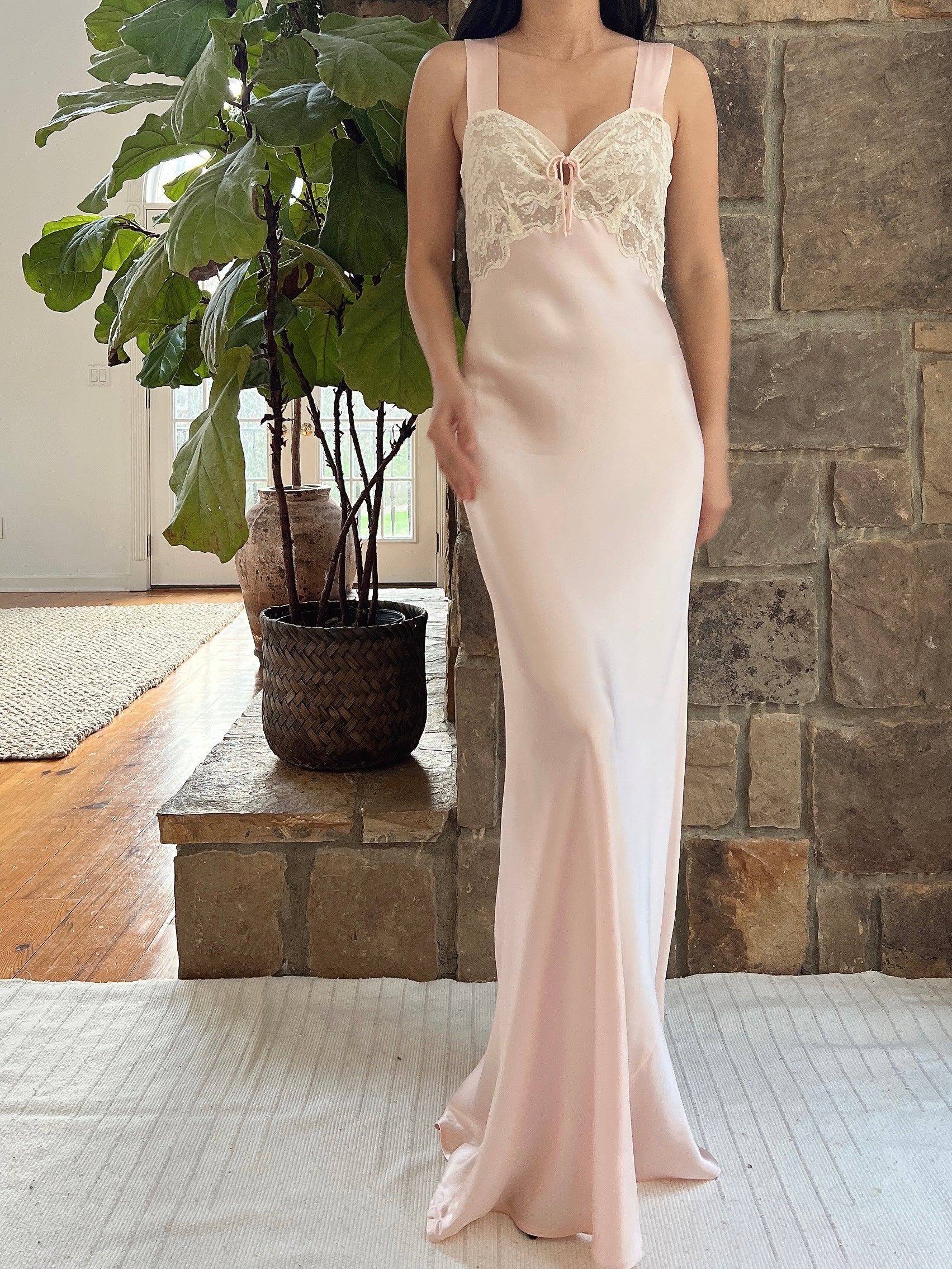 1930s Satin Keyhole Lace Bodice Gown - XS/S