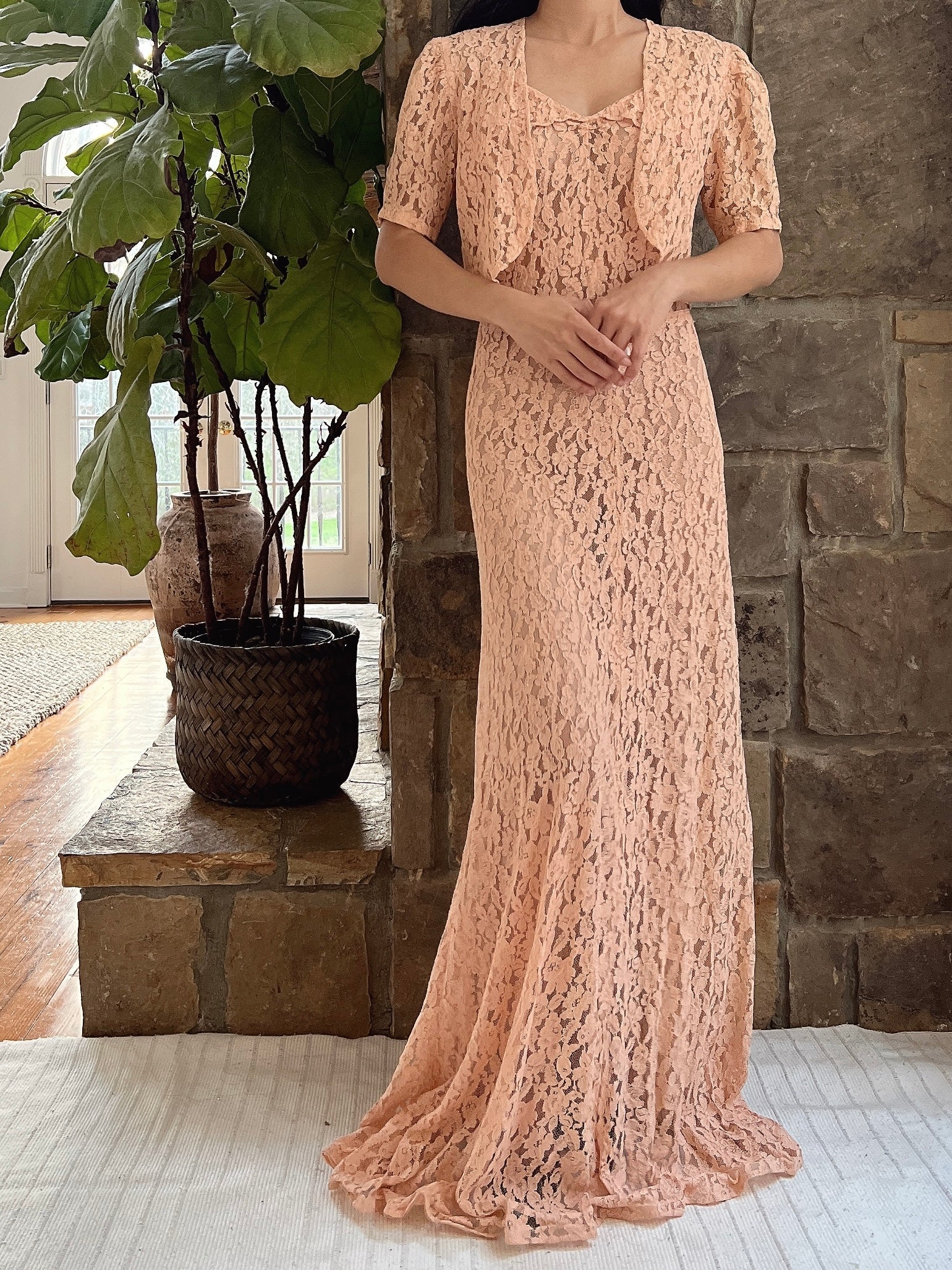 1930s Dusty Pink Lace Gown with Jacket - S