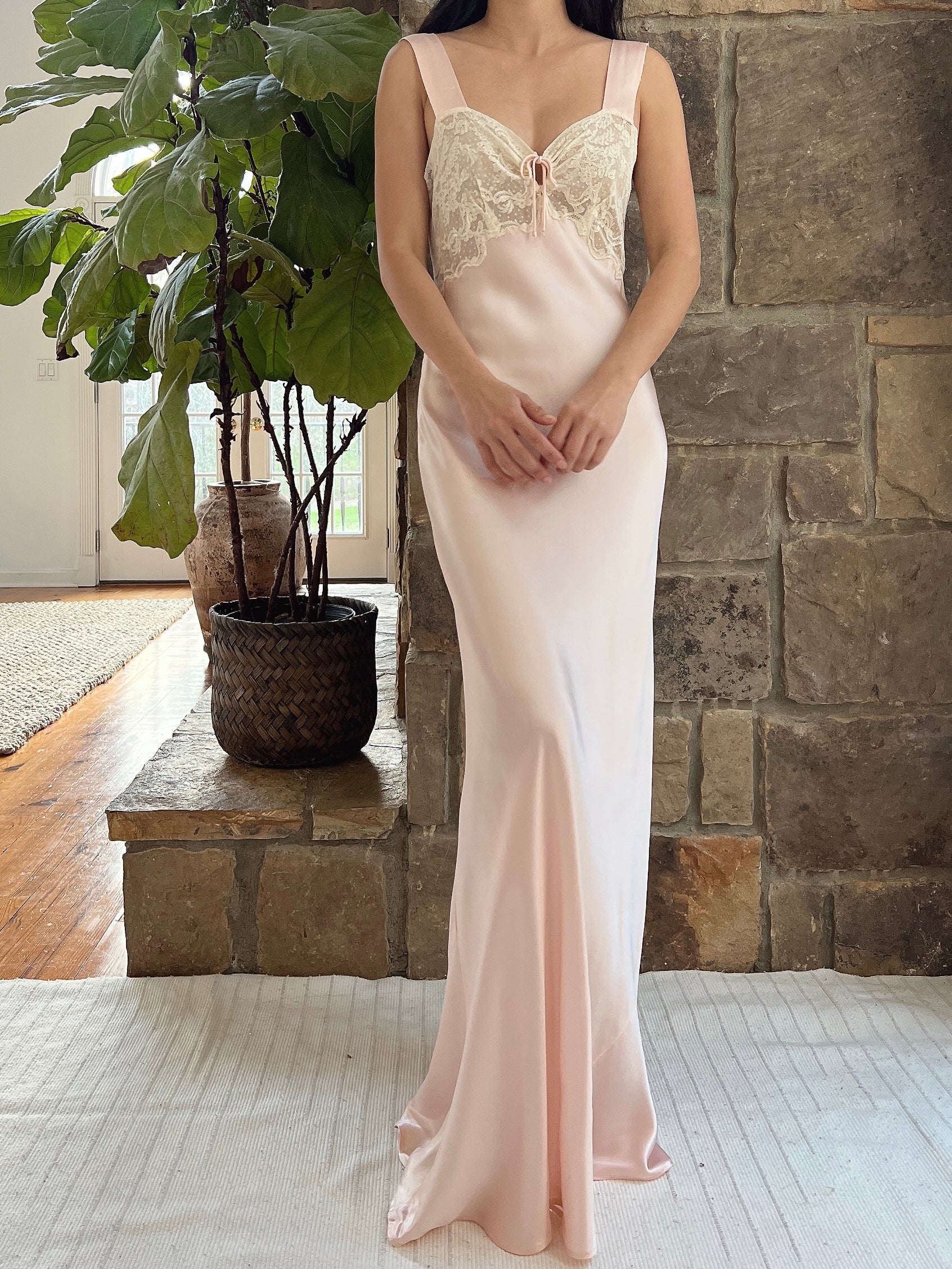 1930s Satin Keyhole Lace Bodice Gown - XS/S