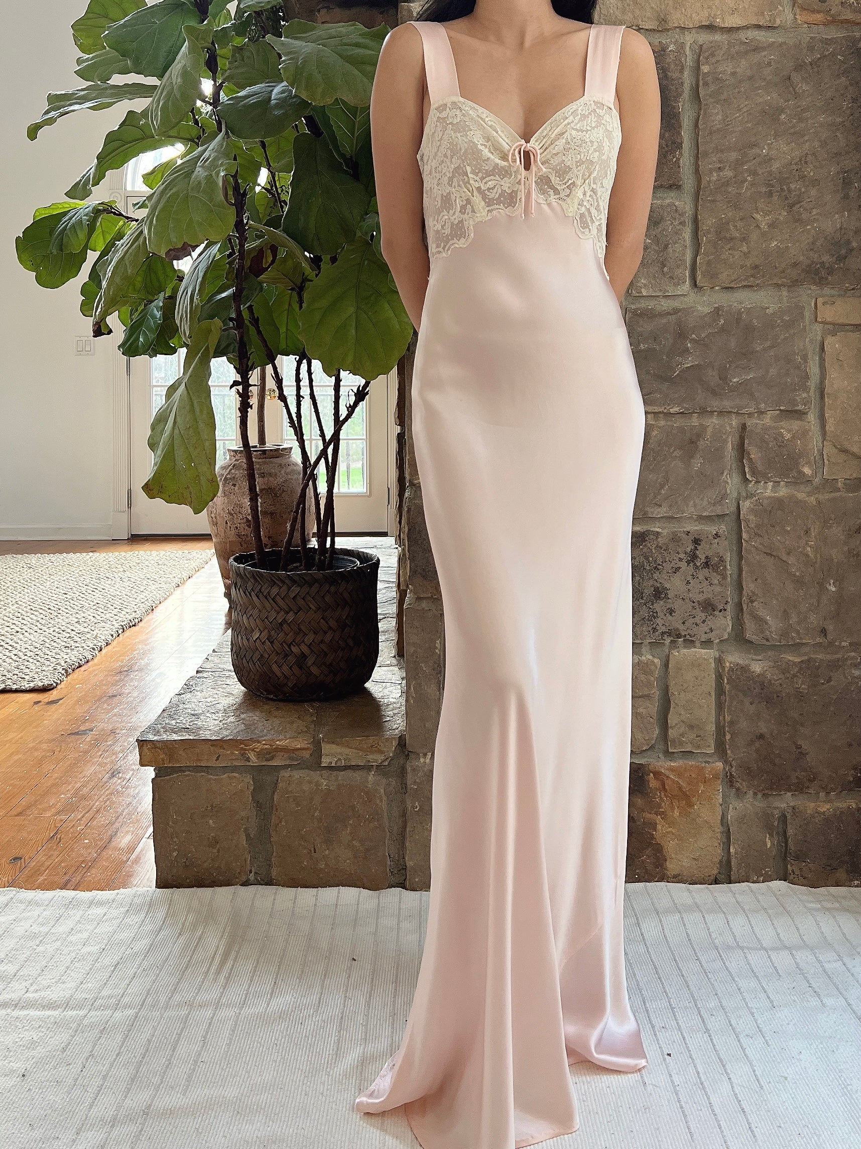 1930s Satin Keyhole Lace Bodice Gown - XS/S