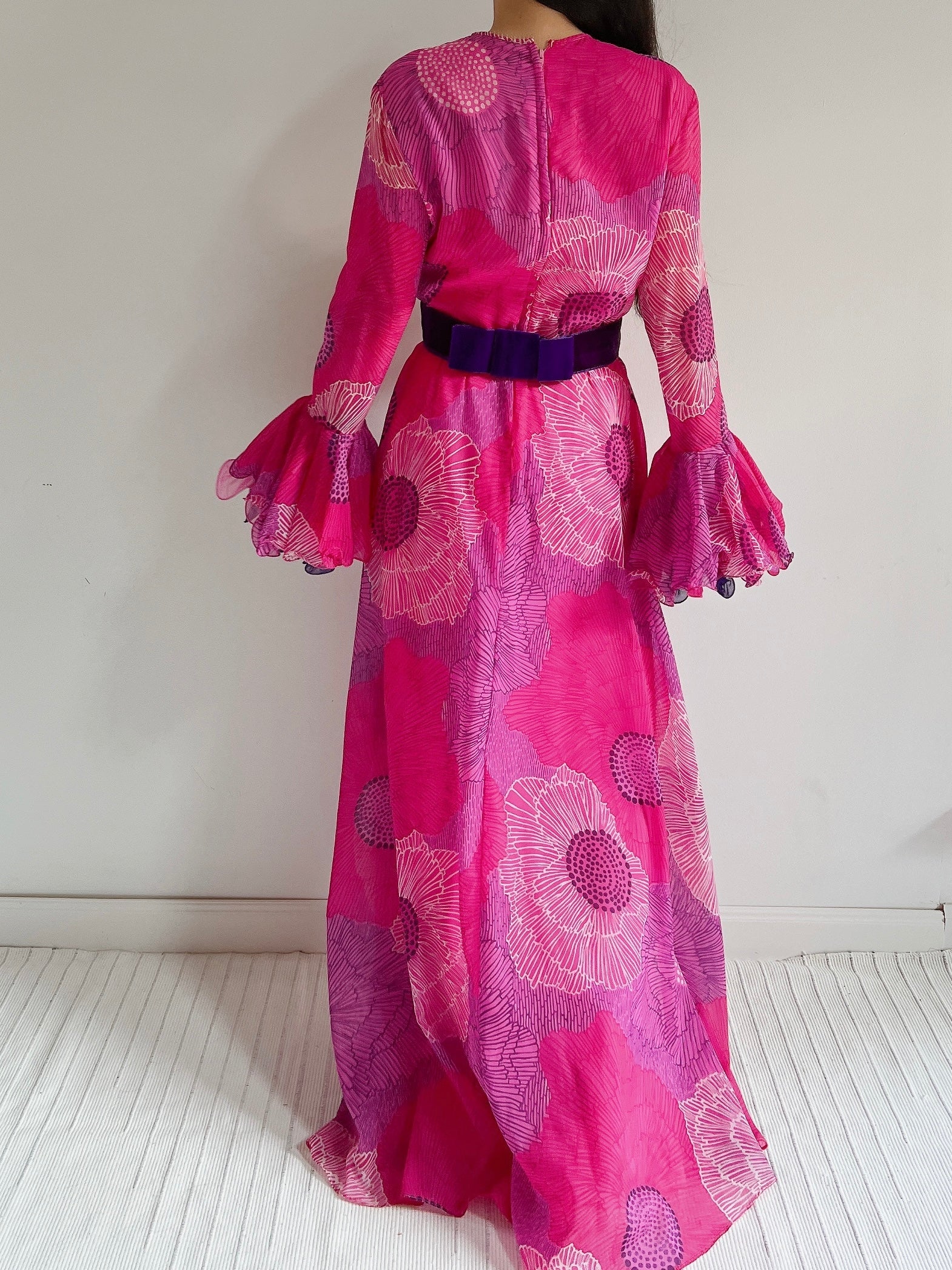1960s Chiffon Floral Maxi Dress  - M