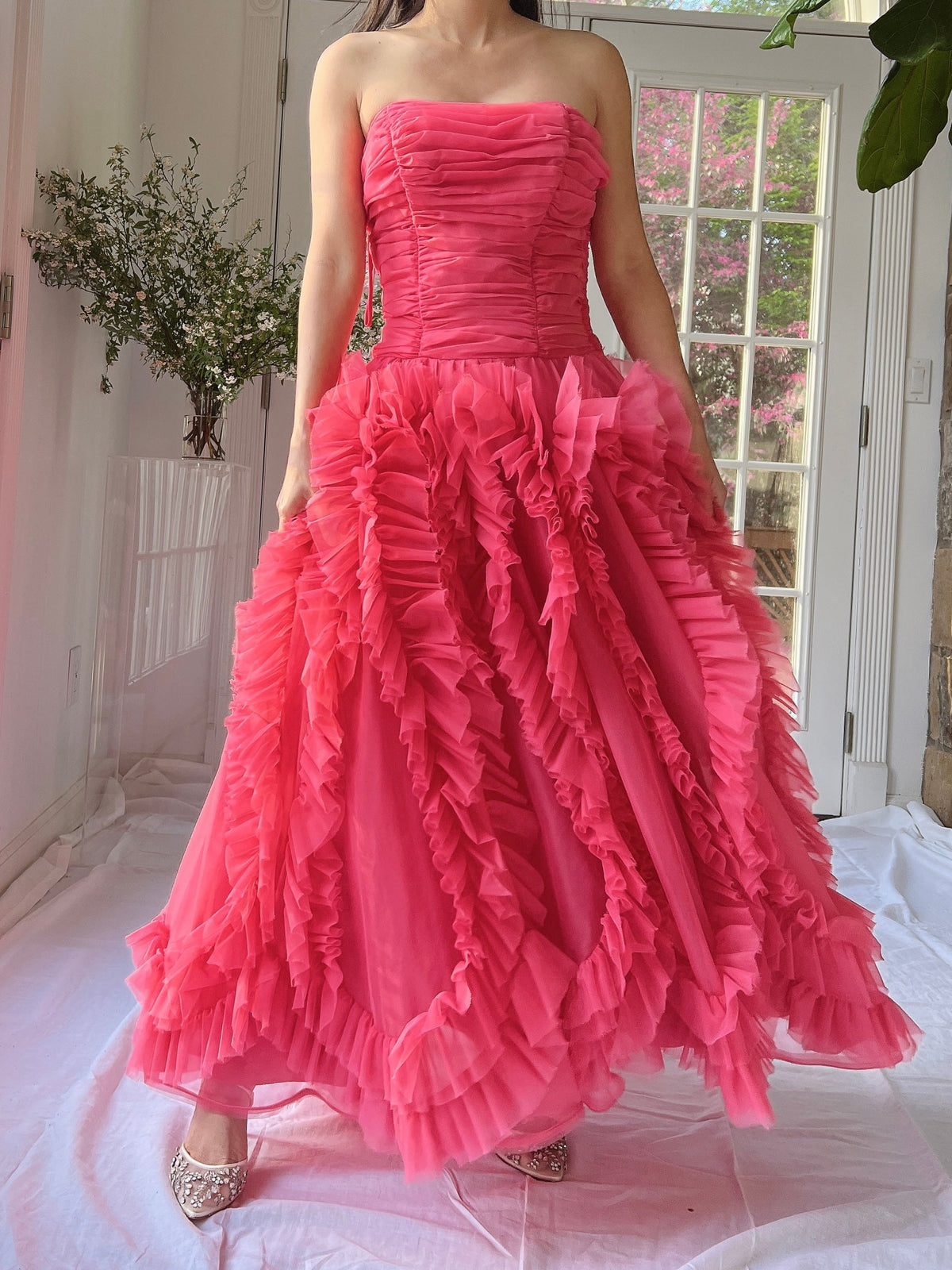 1960s Hot Pink Ruffle Dress - S