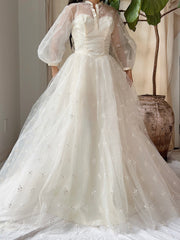 1950s Tulle Puff Sleeve Embroidered Dress - XS