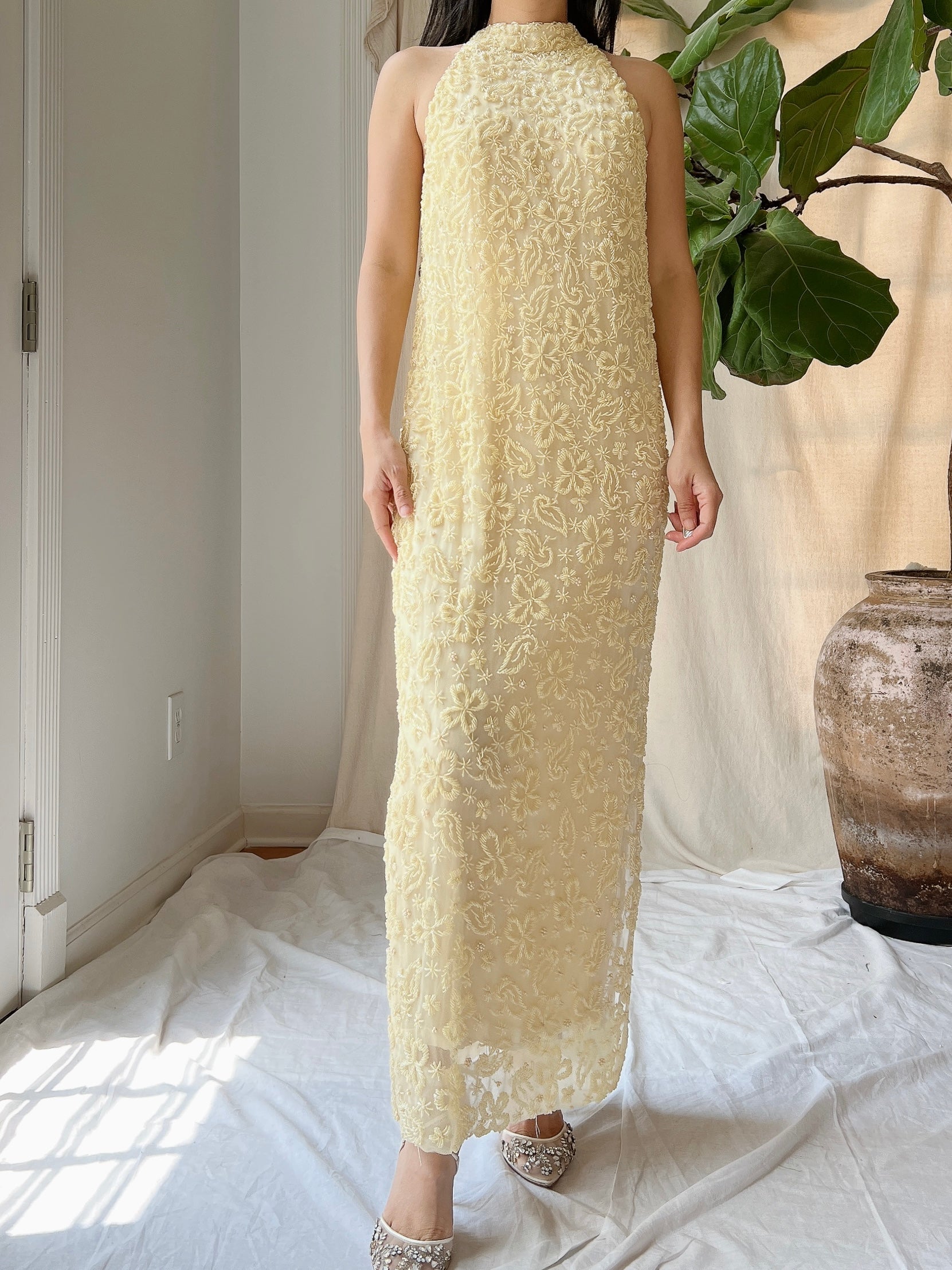 1960s Butter Yellow Beaded Tulle Dress - M