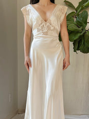 1930s Satin Embroidered Lace Dress - M
