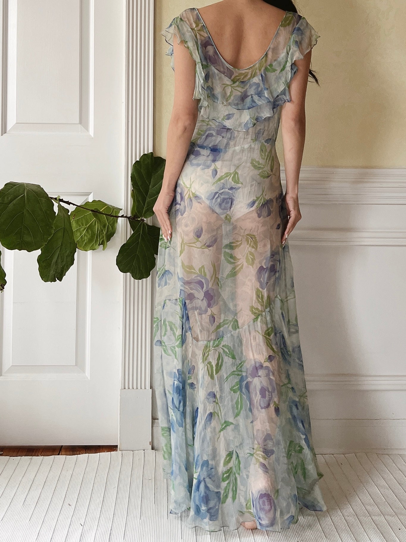 1930s Blue Floral Silk Dress - M